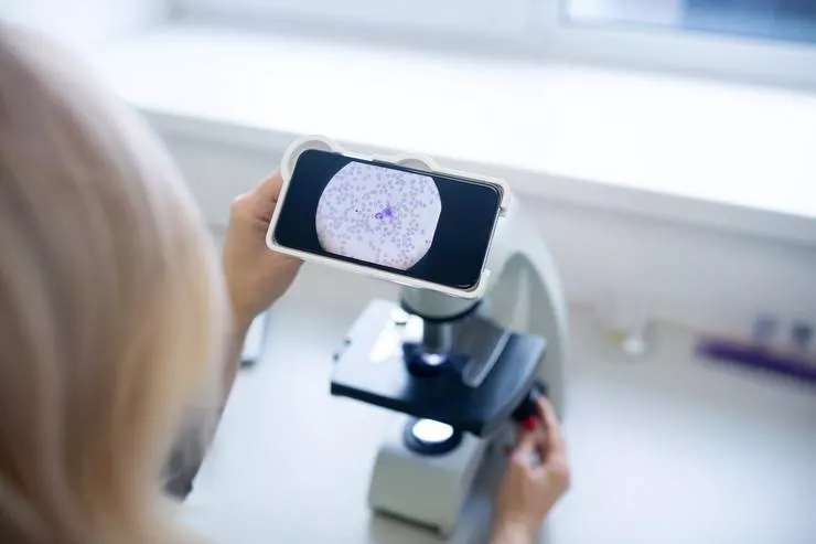 Cytologia - mikroskop z widocznym analizowanym rozmazem.